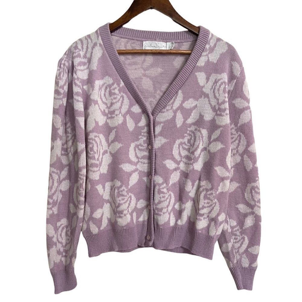 Vintage Women's Purple Floral Button Front Cottagecore Cardigan Sweater Large